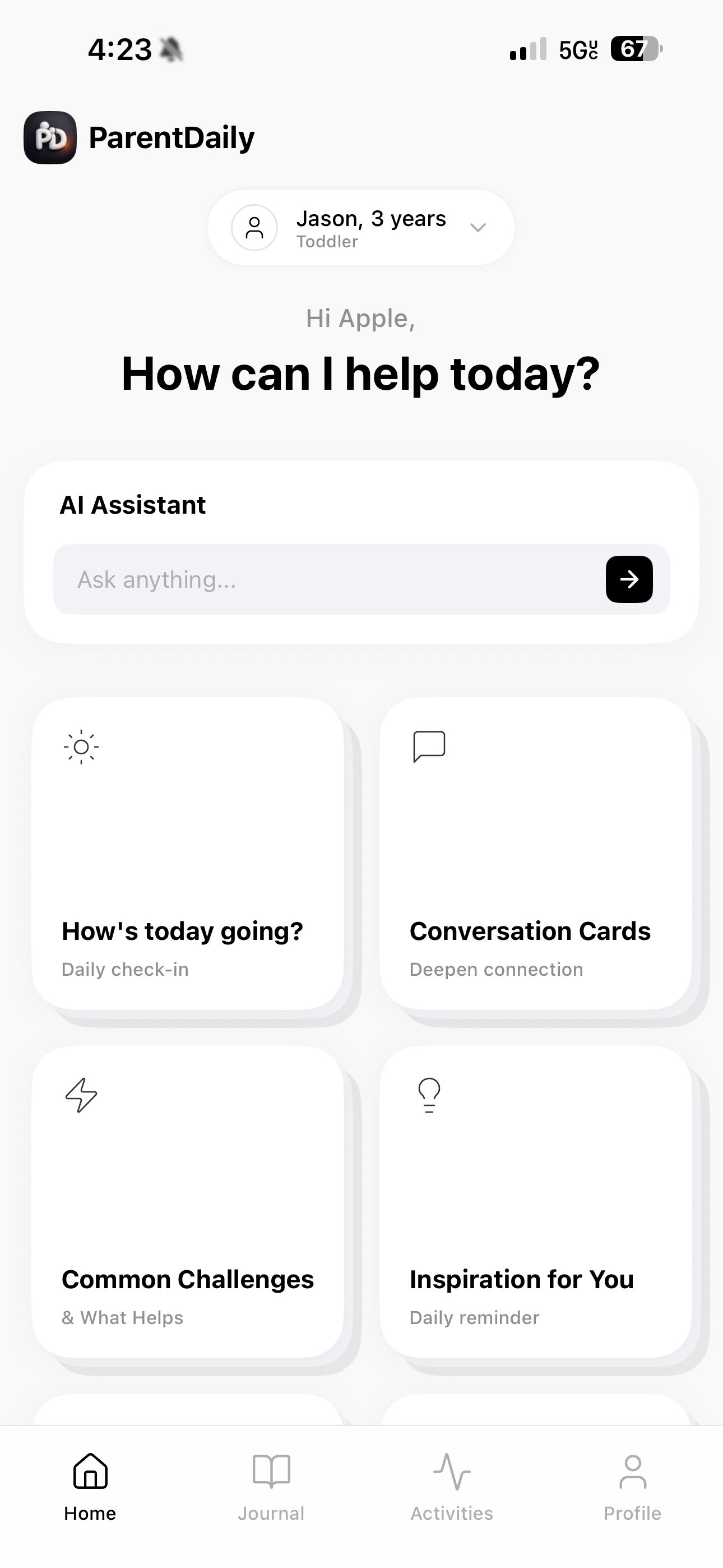 ParentDaily home screen — AI Assistant, conversations, rituals